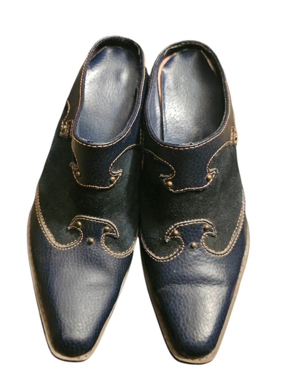 Vtg 90s Suede Leather Western Mules Navy Blue Studded